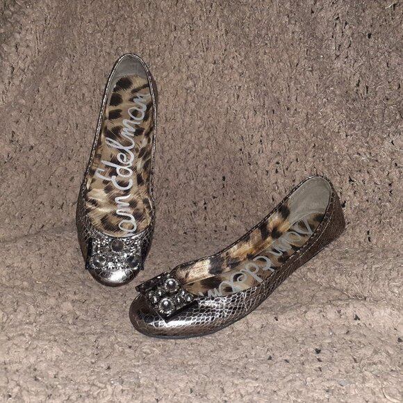SAM EDELMAN-Caper-Metallic Snakeskin Ballet-Rhinestone Embellished-Sz 37.5-EX - Picture 1 of 8
